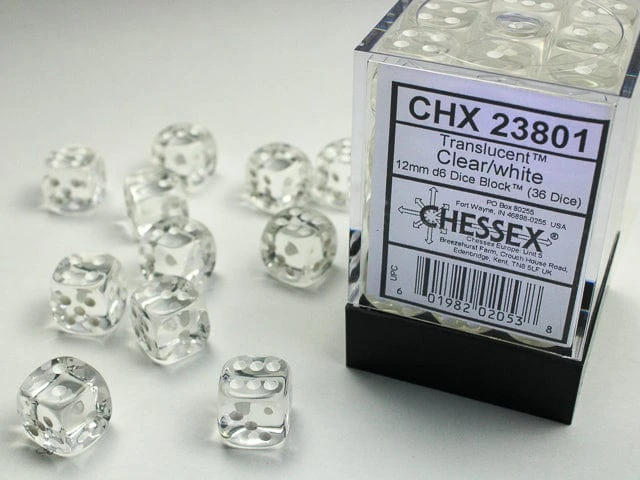 CHX23801 - Chessex 12mm D6 Clear/White Translucent 1 CHX23801 - Chessex 12mm D6 Clear/White Translucent