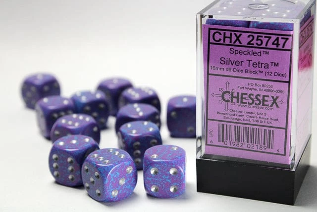 CHX25747 - Chessex 16mm Set Of 12 D6 Speckled Silver Tetra 1 CHX25747 - Chessex 16mm Set Of 12 D6 Speckled Silver Tetra