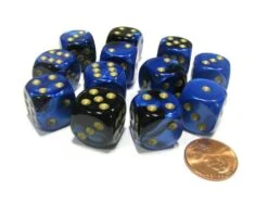 CHX26635 - Chessex 16mm Set Of 12 D6 Black Blue / Gold Gemini