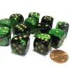 CHX26639 - Chessex 16mm Set Of 12 D6 Black Green / Gold Gemini