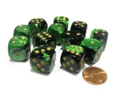 CHX26639 - Chessex 16mm Set Of 12 D6 Black Green / Gold Gemini