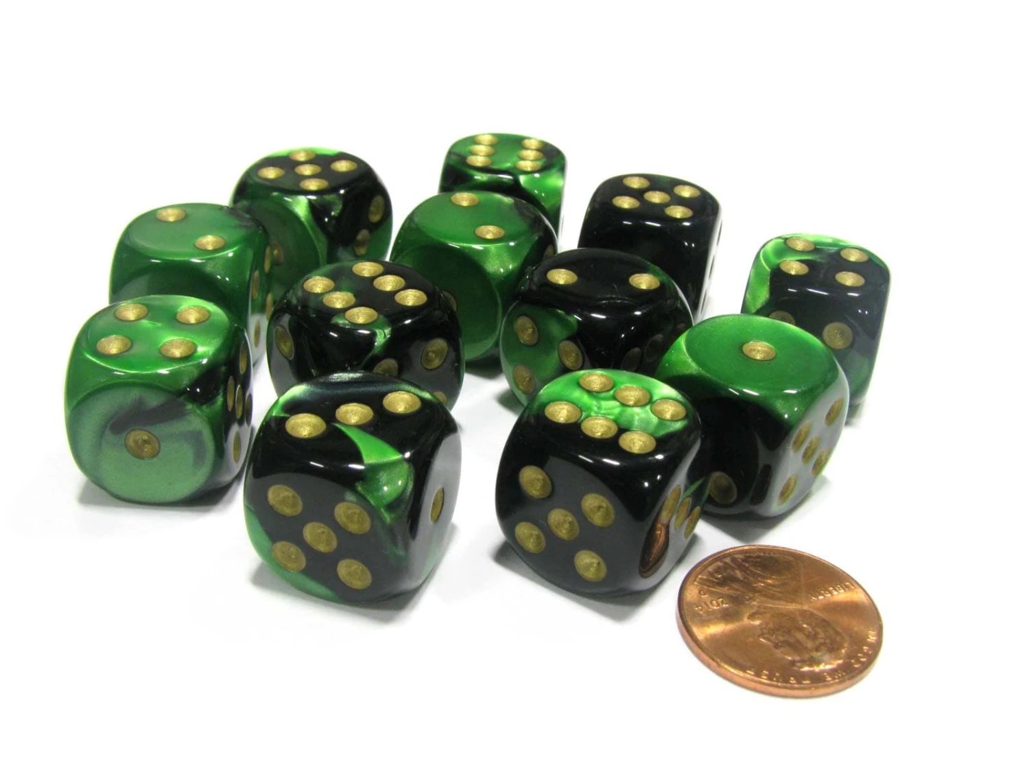CHX26639 - Chessex 16mm Set Of 12 D6 Black Green / Gold Gemini 1 CHX26639 - Chessex 16mm Set Of 12 D6 Black Green / Gold Gemini