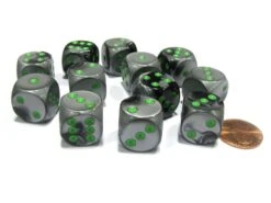 CHX26645 - Chessex 16mm Set Of 12 D6 Black Grey/Green Gemini