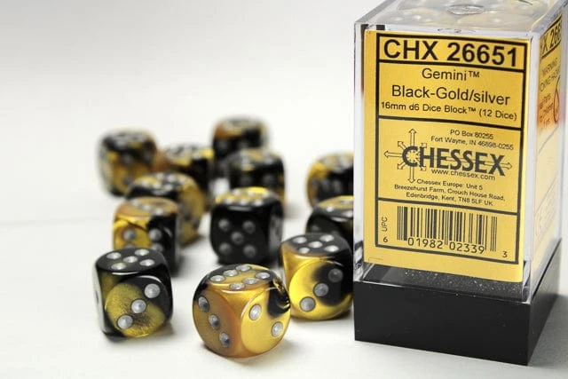 CHX26651 - Chessex 16mm Set Of 12 D6 Gemini Black-Gold/Silver 1 CHX26651 - Chessex 16mm Set Of 12 D6 Gemini Black-Gold/Silver