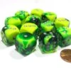 CHX26654 - Chessex 16mm Set Of 12 D6 Green Yellow / Silver Gemini
