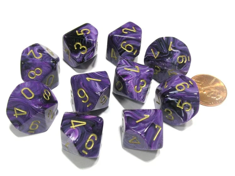 CHX27237 - Chessex Set Of Ten D10 Vortex Purple / Gold 1 CHX27237 - Chessex Set Of Ten D10 Vortex Purple / Gold