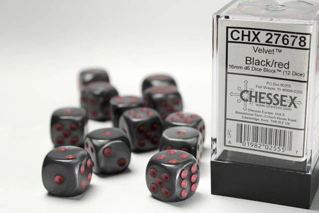 CHX27678 - Chessex 16mm Set Of 12 D6 Velvet Black/Red 1 CHX27678 - Chessex 16mm Set Of 12 D6 Velvet Black/Red