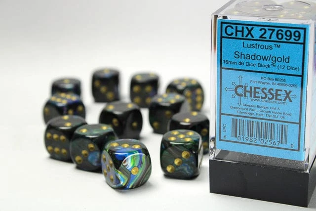 CHX27699 - Chessex 16mm Set Of 12 D6 Lustrous Shadow/Gold 1 CHX27699 - Chessex 16mm Set Of 12 D6 Lustrous Shadow/Gold