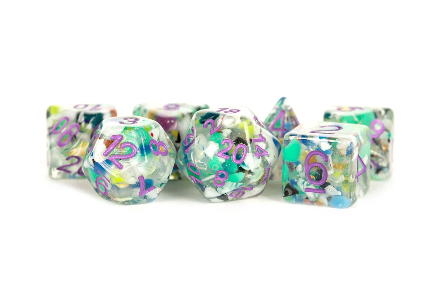 7-Die Set 16mm: Recycled Dice With Purple Numbers 1 7-Die Set 16mm: Recycled Dice With Purple Numbers